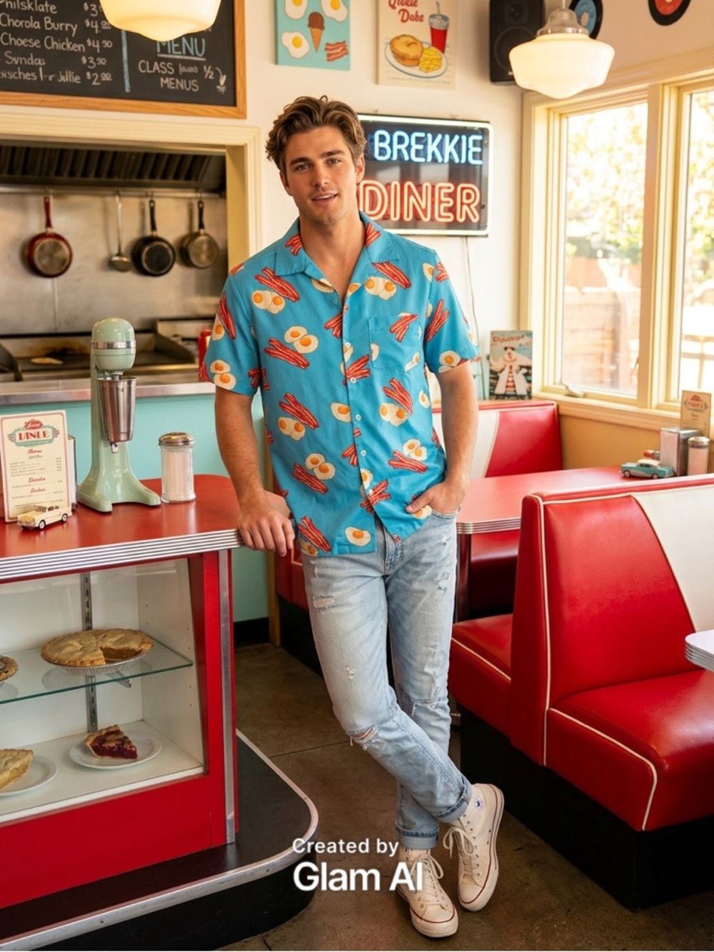 ALOHA Collection Blue Casual Short-Sleeve Button-Down with Breakfast Print